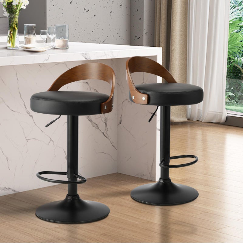 Set of Two Elis Modern Black Metal Barstools | Wood and Metal Gas Lift Adjustable Kitchen Bar Stools