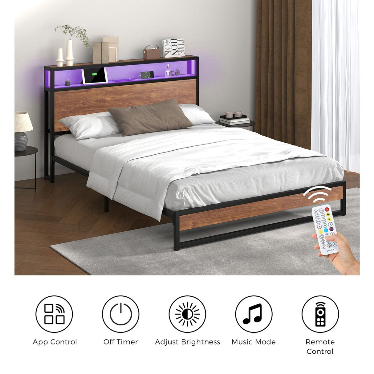 Pazzi Wood Metal LED Lights Storage Bed | Multi Functional Storage LED and USB Charging Bed Frame