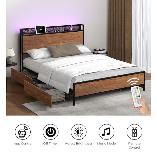Duomo Wood Metal LED Lights Storage Bed | Multi Functional Storage LED and USB Charging Bed Frame