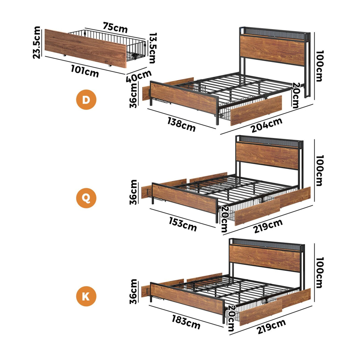 Duomo Wood Metal LED Lights Storage Bed | Multi Functional Storage LED and USB Charging Bed Frame