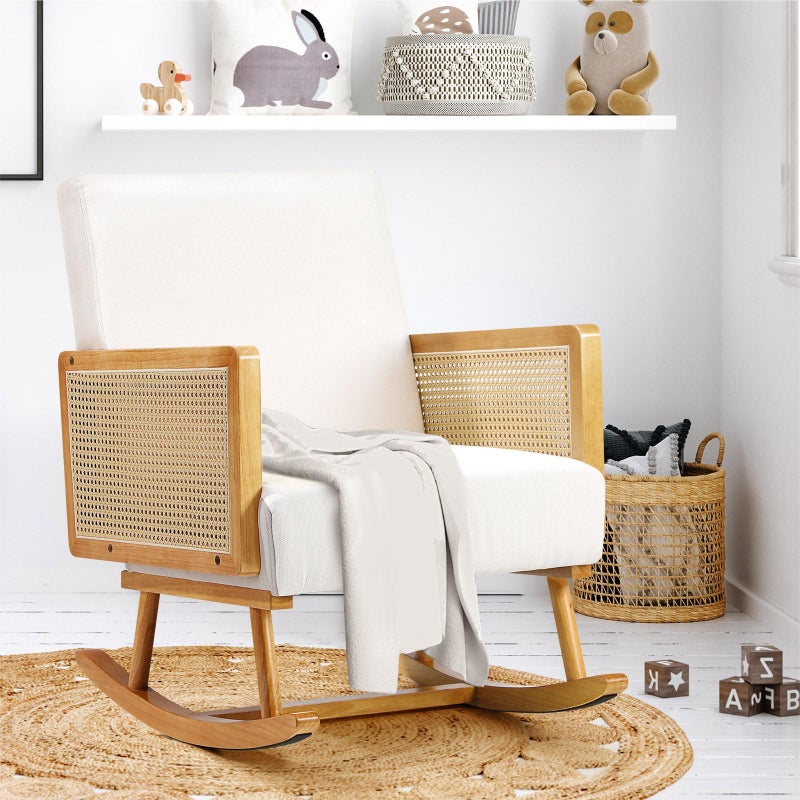 Allepo Super Comfort Linen Rocking Chair | Rattan Wooden Nursing Rocking Armchair