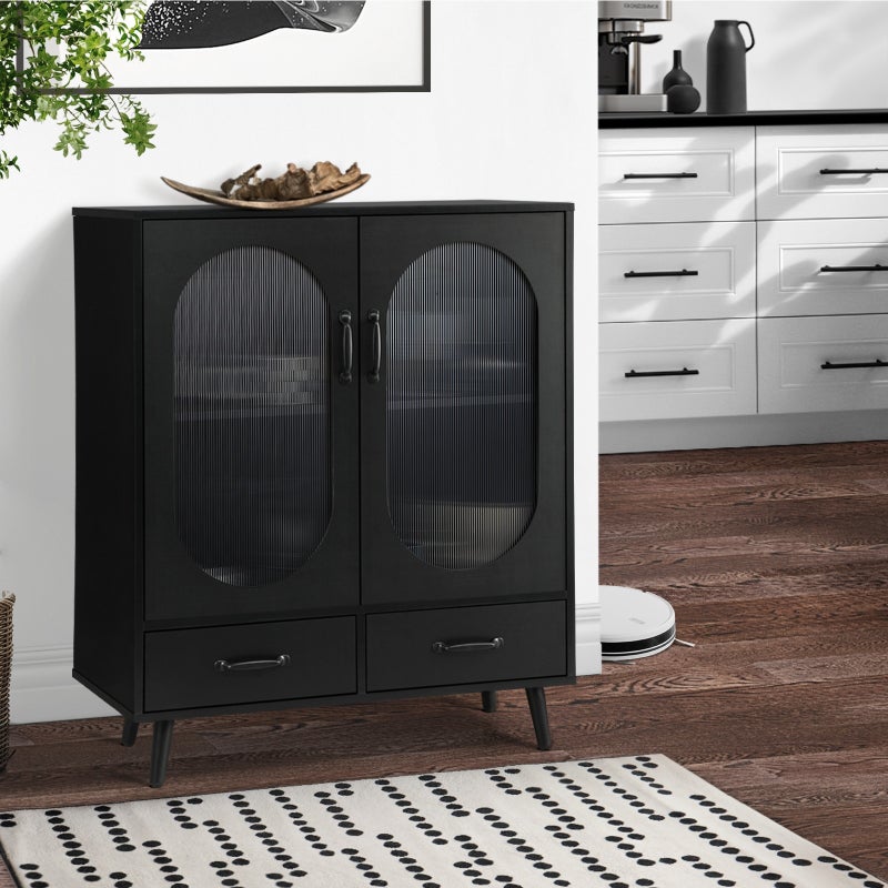 Noire Premio Black Sideboard Cabinet with Glass Doors and And Storage Shelves