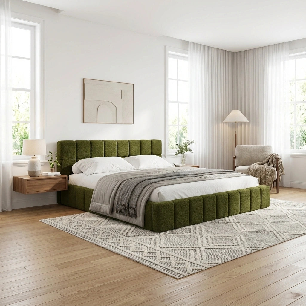 Botelia Green Boucle Low Profile Bed Frame| Luxurious Tufted Premium Fabric Ground Bed