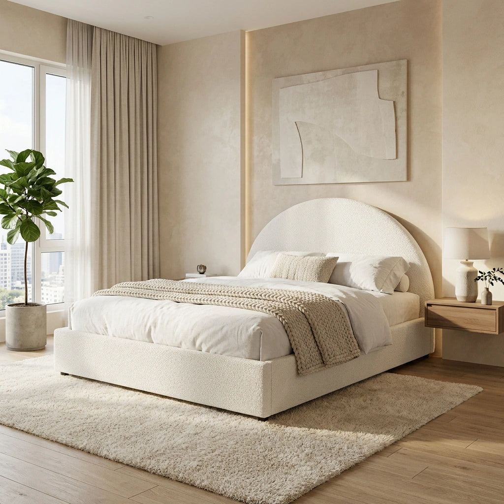 Luna Luxe Soft Boucle Gas Lift Storage Bed | Soft Cushioned Arched Boucle Bed Frame