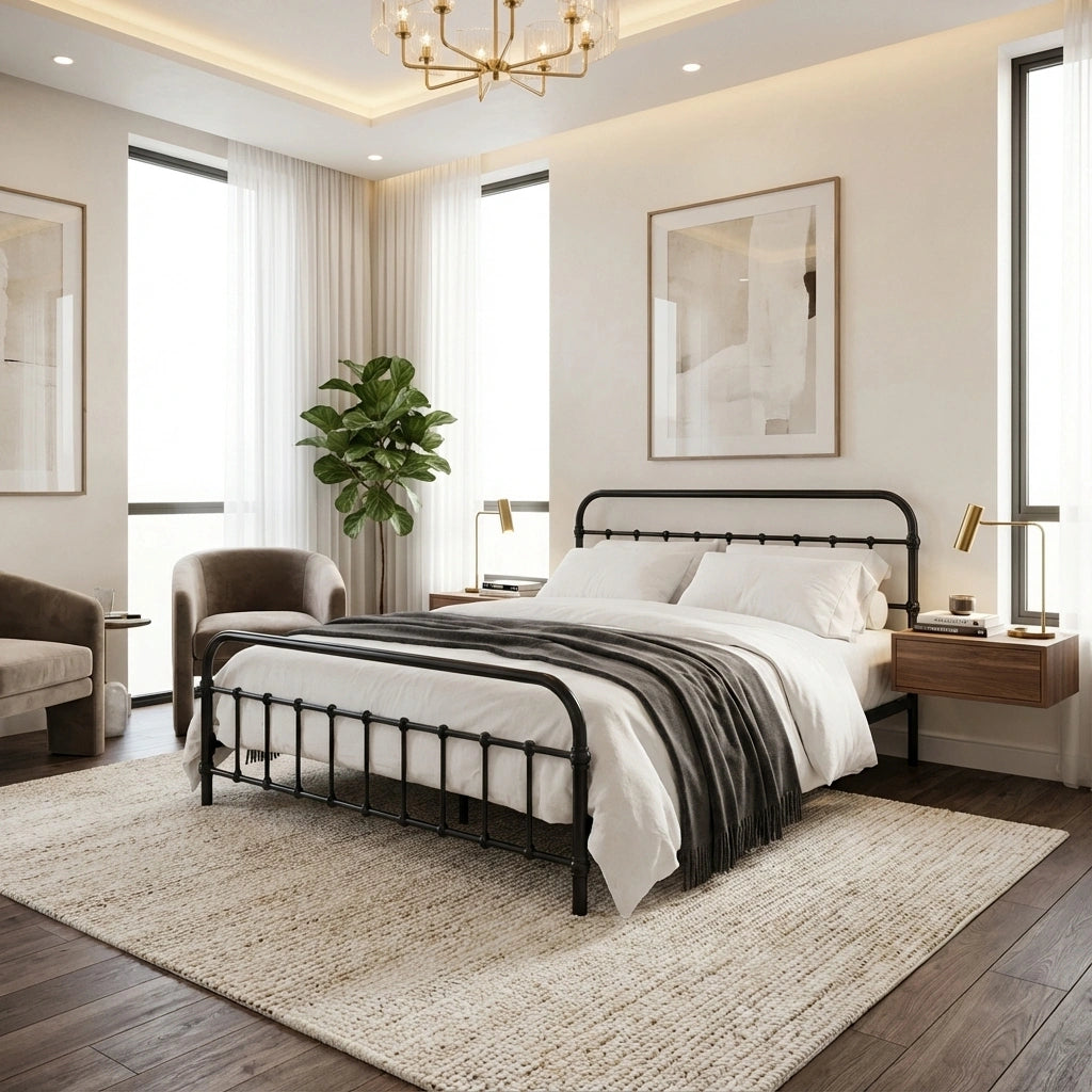 Alcantra Modern Full Metal Extra Strong Bed Frame | Sturdy Metal Designer Bed in Black