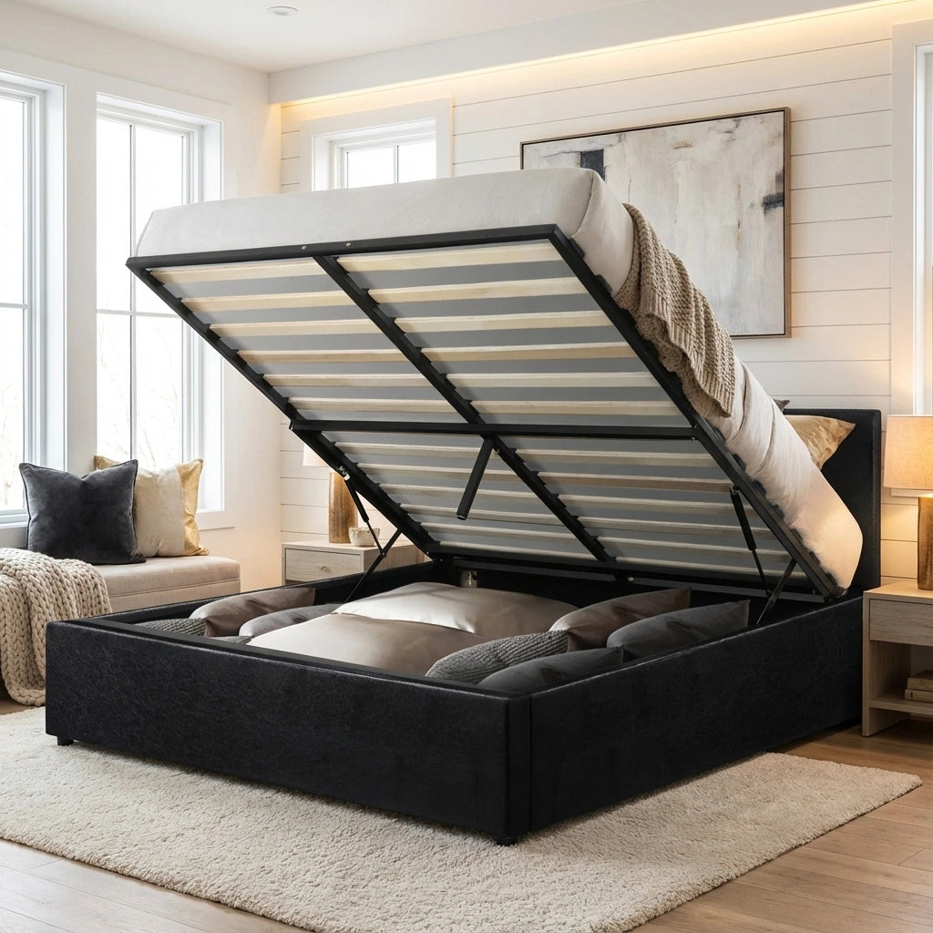Premium Milano Black PU Leather LED Gas Lift Storage Bed | Two In One Black Bed Frame and Storage Combo