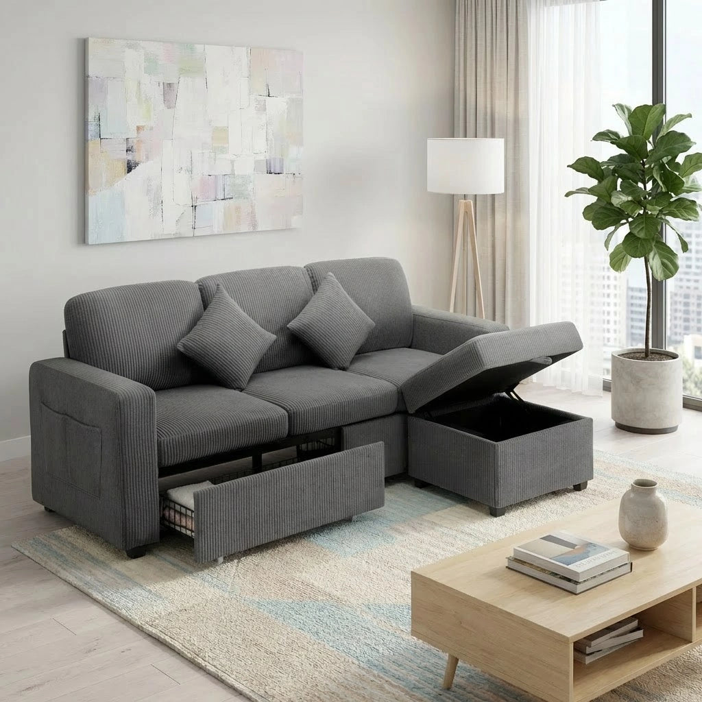 Parisi 3 Seater Premium Storage Sofa with Ottoman | Versatile Sofa Couch Set with Modular Ottoman and Storage