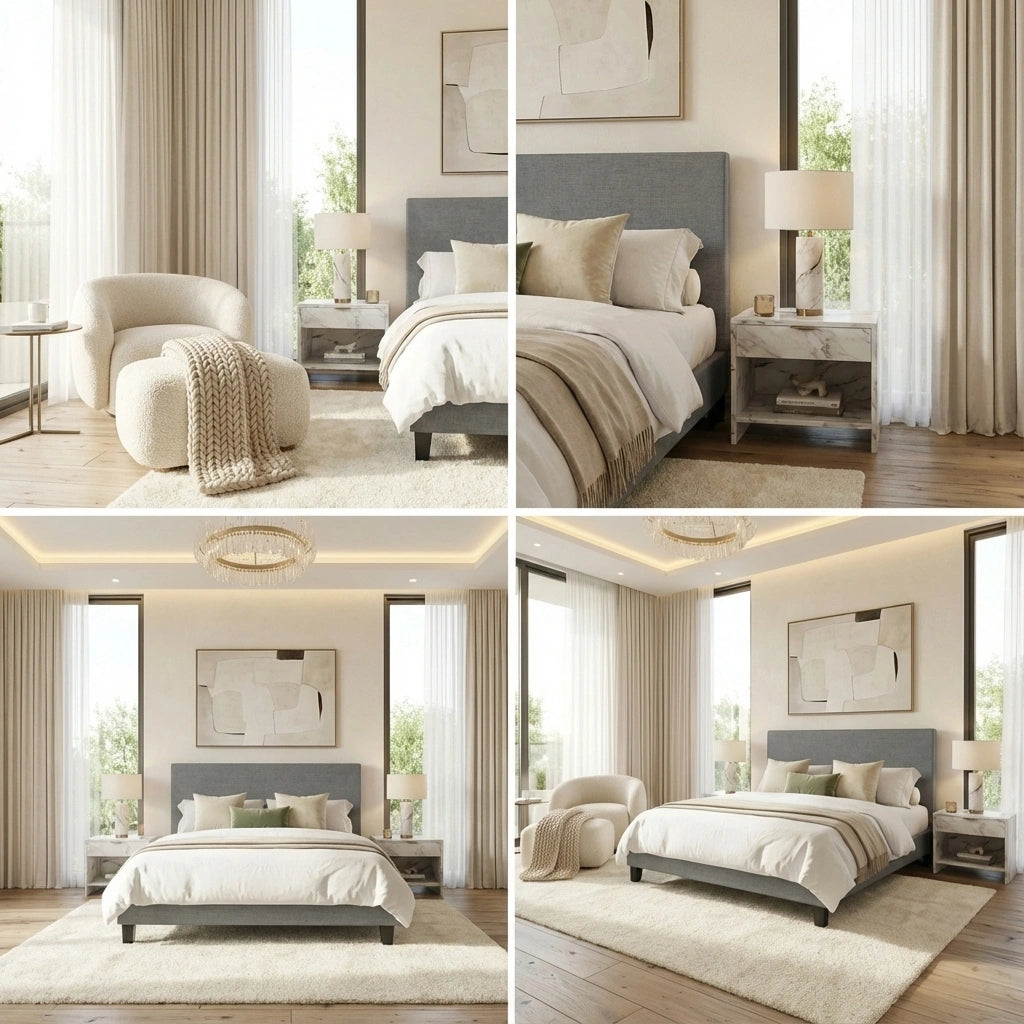 Areno Premium Fabric Slimline Modern Bed | Modern Cushioned Touch Grey Upholstered Bed Frame