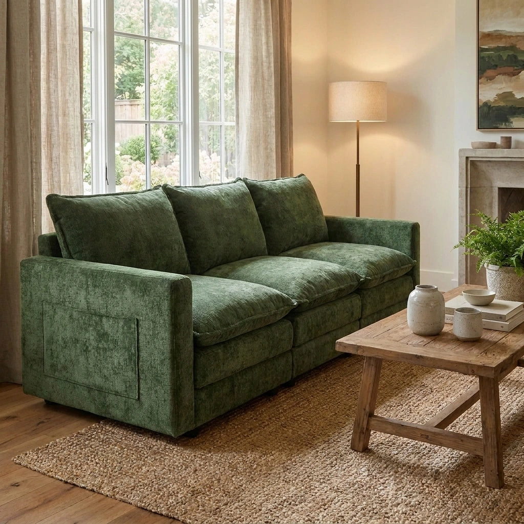 Mia Plush Fabric Modular Sofa Lounge | Soft Chennile Green Fabric Modular Sofa Thick Cushions