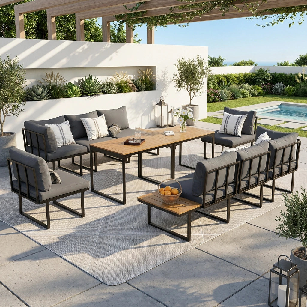 Bolero Amalfi 8 Seater Cushioned Outdoor Lounge Set with Table | Modern Metal Wood Soft Cushion Outdoor Dining Sofa Set