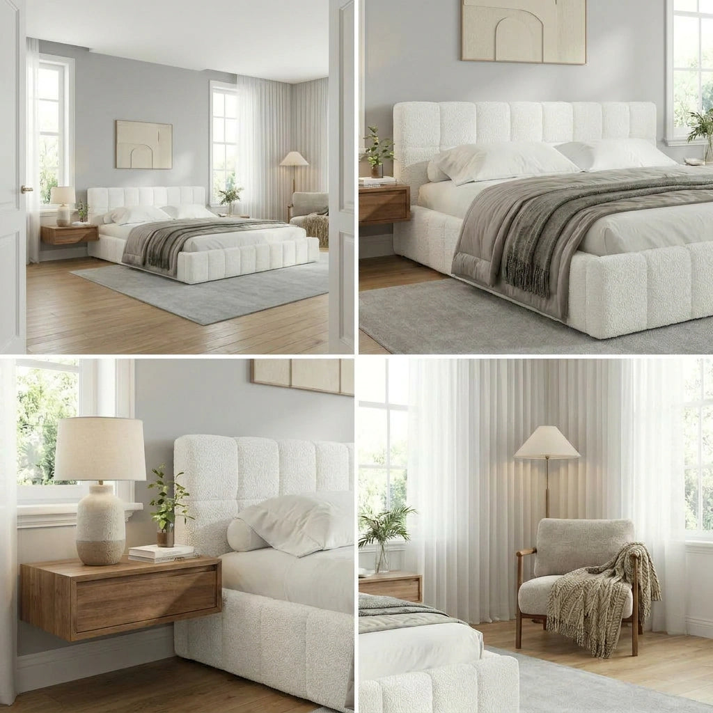 Botelia White Boucle Low Profile Bed Frame| Luxurious Tufted Premium Fabric Ground Bed