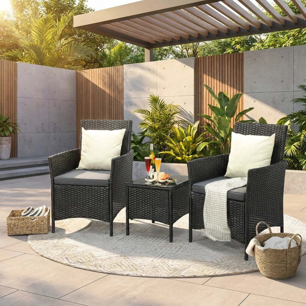 Luxury 3pc Wicker Outdoor Furniture Lounge Set | 3 Piece Rattan Sofa Chair Table Patio Set