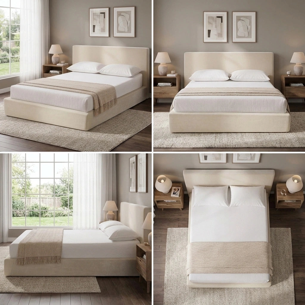 Velvet Cloud Soft Low Profile Compressed Bed with Metal Frame | Quick Assembly Instant Bed Frame in Chenille Beige