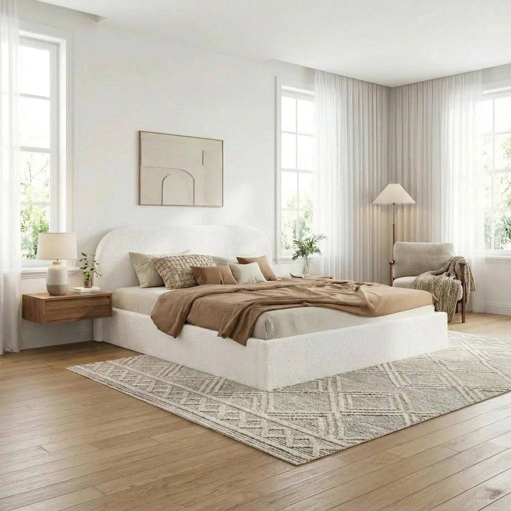 White Marshmallow Cloud Boucle Gas Lift Bed | Soft Padded Arched Fabric Storage Bed Frame