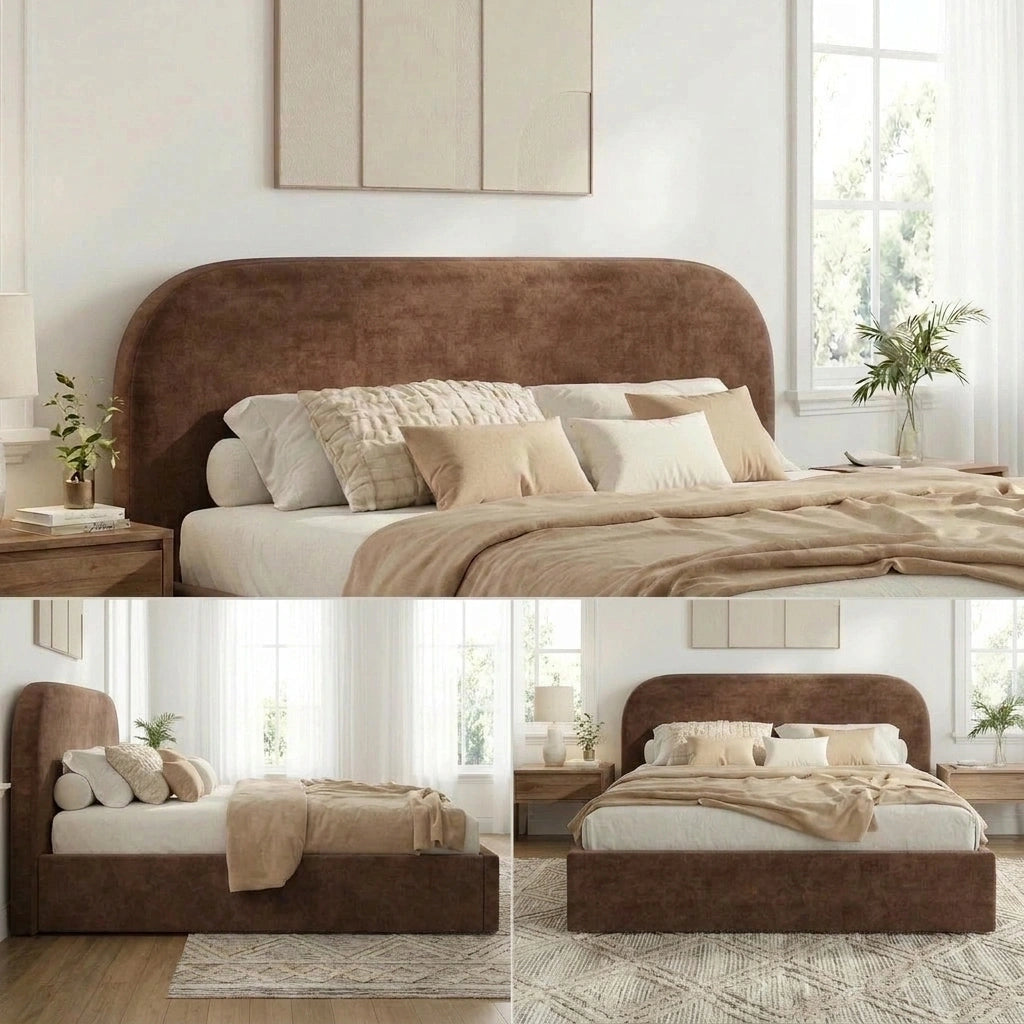 Brown Cloud Marshmallow Velvet Touch Gas Lift Bed | Soft Padded Arched Fabric Storage Bed Frame