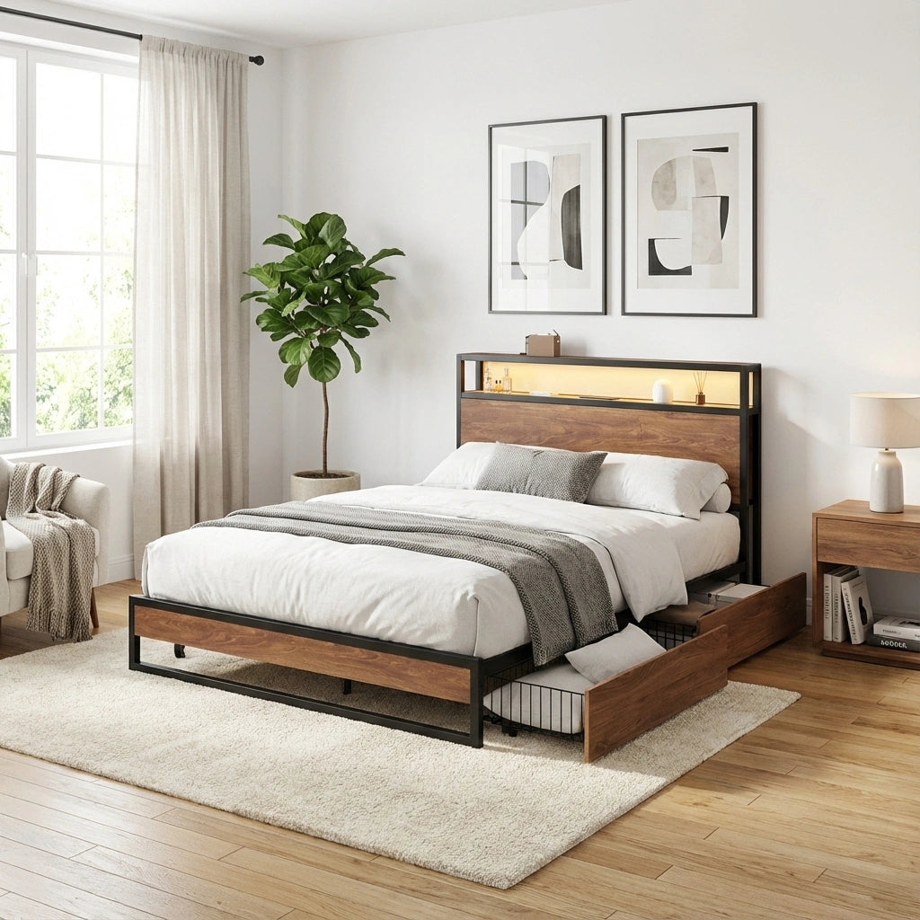 Pazzi Wood Metal LED Lights Storage Bed | Multi Functional Storage LED and USB Charging Bed Frame