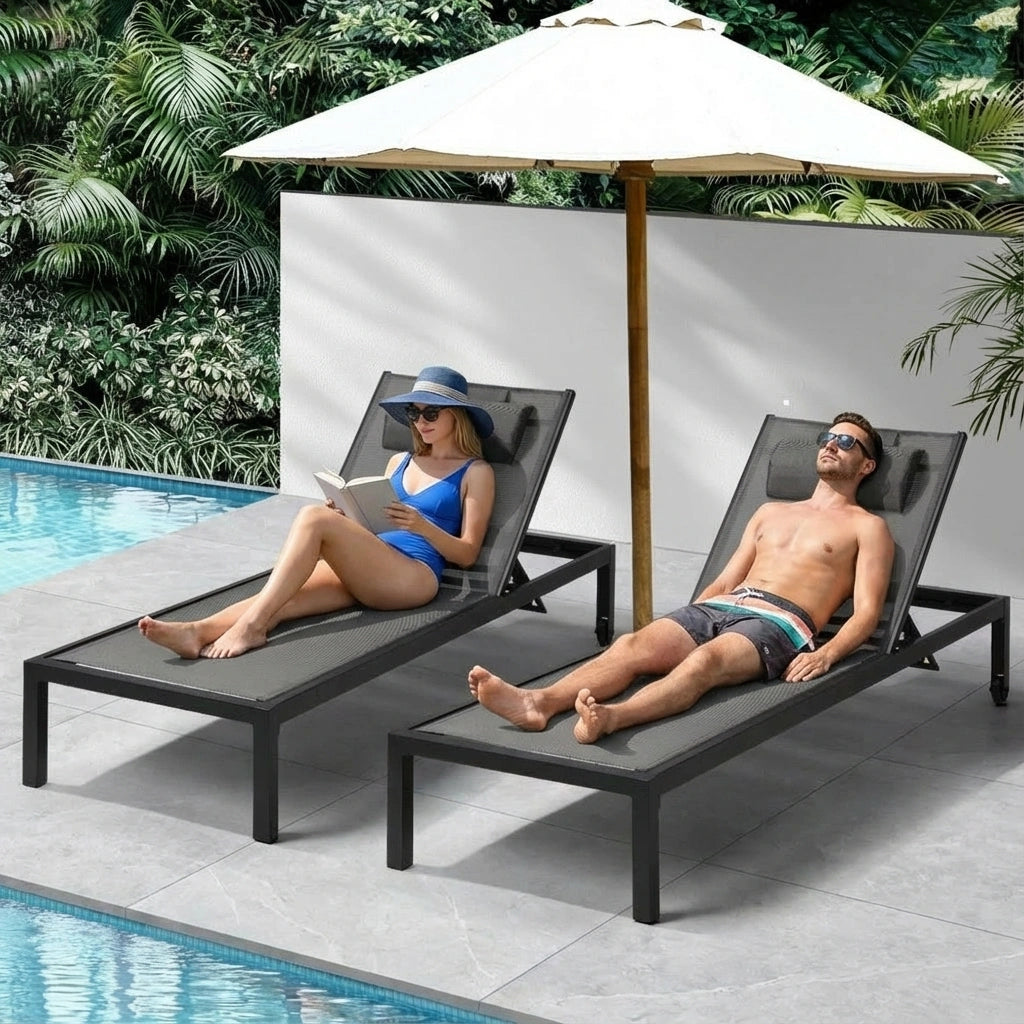 Positano Adjustable Aluminium Siesta Sun Lounge |Black Outdoor Pool Lounger Day Bed With Moveable Wheels