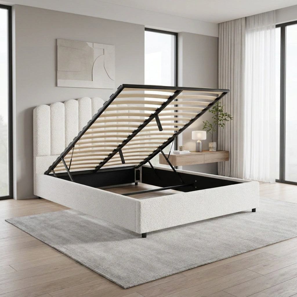 Teddy Ripple Boucle Fabric Gas Lift Storage Bed Frame | Luxe Fabric Gas Lift Modern Bed