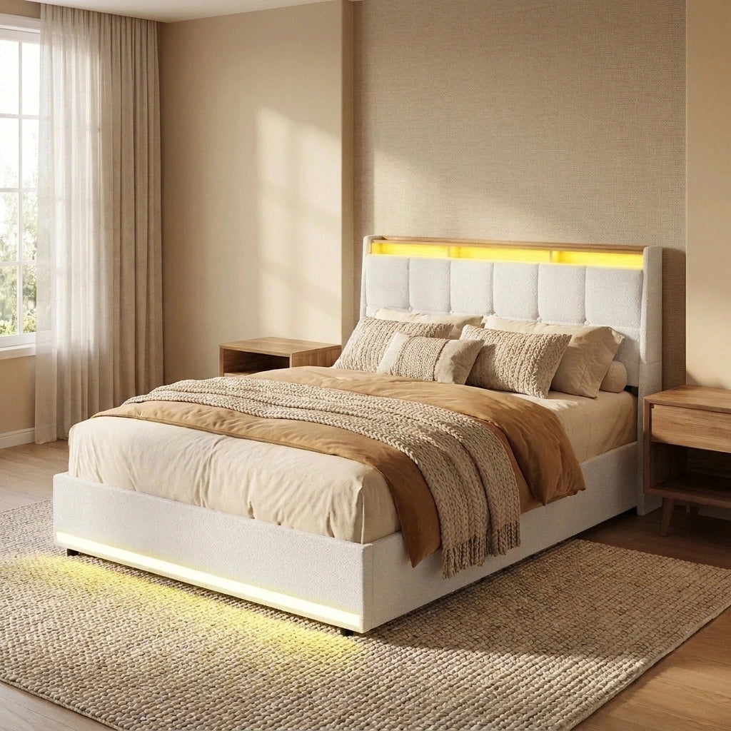 Verona Boucle LED Gas Lift Storage Bed | White Fabric Space Saver Ambient Lighting Bed Frame
