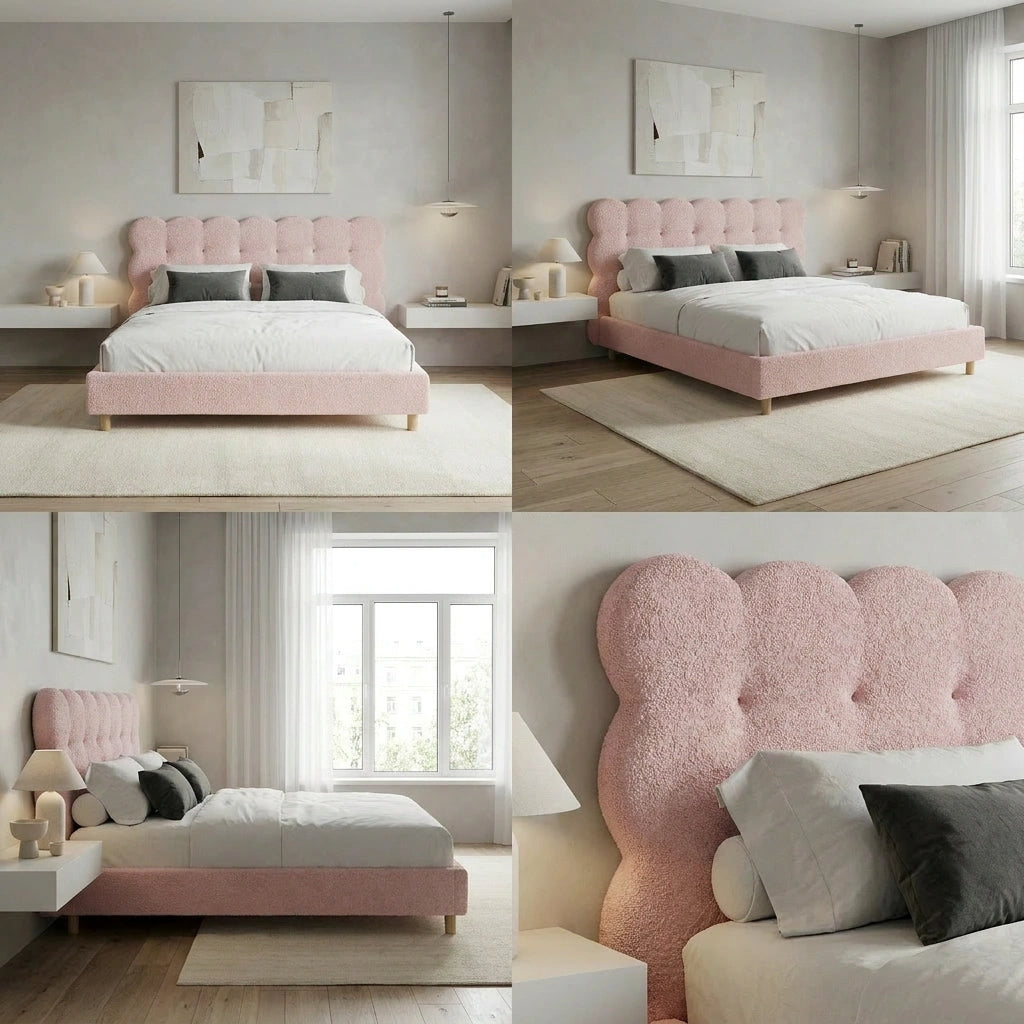 Millie Tuffted Pink Clouds Soft Boucle Fabric Bed | Cushioned Touch Pink Upholstered Boucle Bed Frame