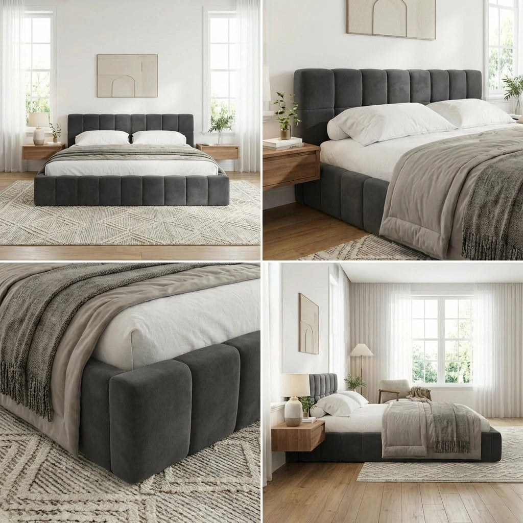Botelia Grey Velvet Low Profile Bed Frame | Soft Luxurious Tufted Premium Fabric Ground Bed