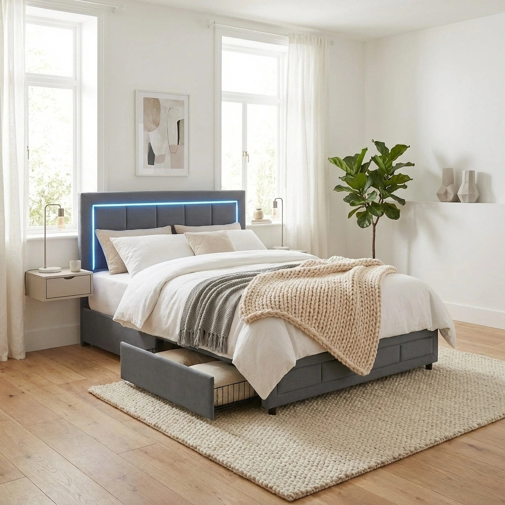 Marlisse 4 Draw Plush Velvet Grey Storage Bed | Adjustable Bedhead LED Lighting Padded Bed Frame