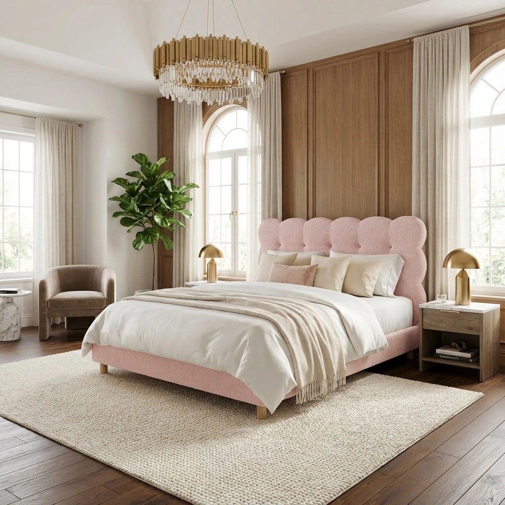 Millie Tuffted Pink Clouds Soft Boucle Fabric Bed | Cushioned Touch Pink Upholstered Boucle Bed Frame