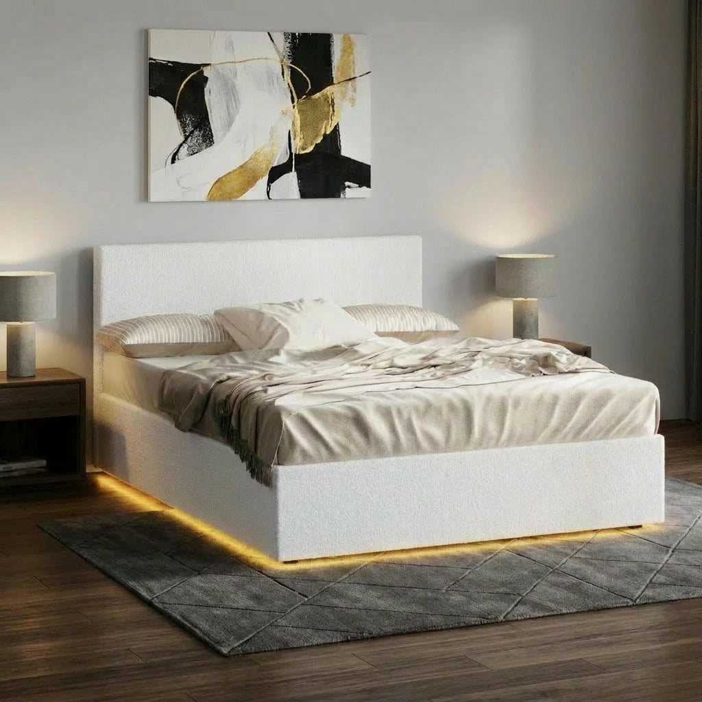 Premium Milano LED White Boucle Fabric Gas Lift Storage Bed | Glow Cushioned Two In One Bed and Storage Combo
