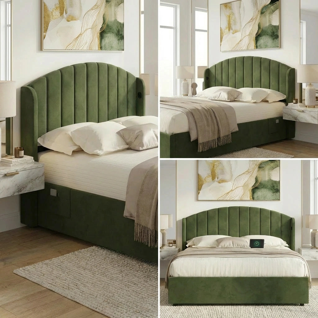 Allure Premium Soft Velvet Green Gas Lift Storage Bed | Bed and Storage Combo with USB Charging Built In