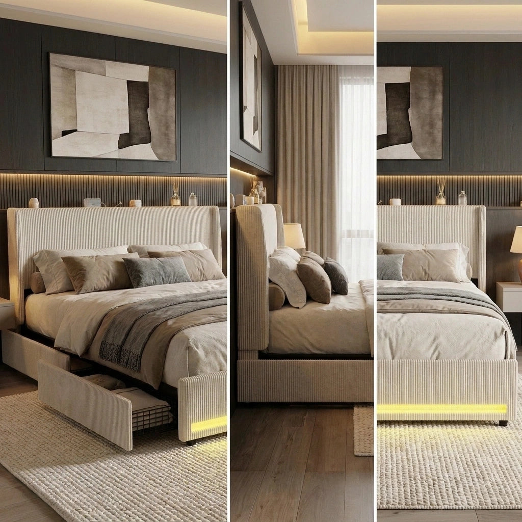 Palazzo LED Storage Bed w USB Charging | Beige Premium Soft Fabric Ambient Lighting Bed Frame