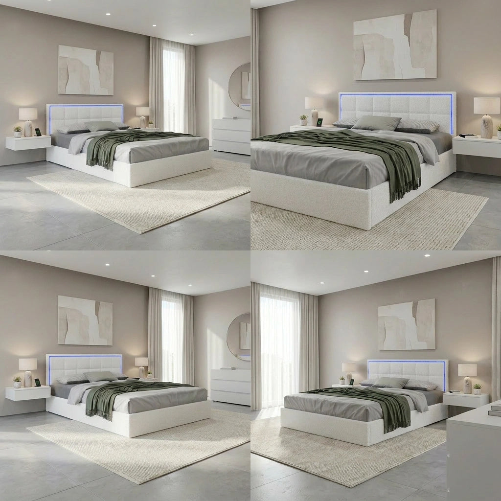 Neom Luxe Teddy Boucle Padded LED Bed Frame | Modern White Boucle Gas Lift Storage Bed with LED Lighting