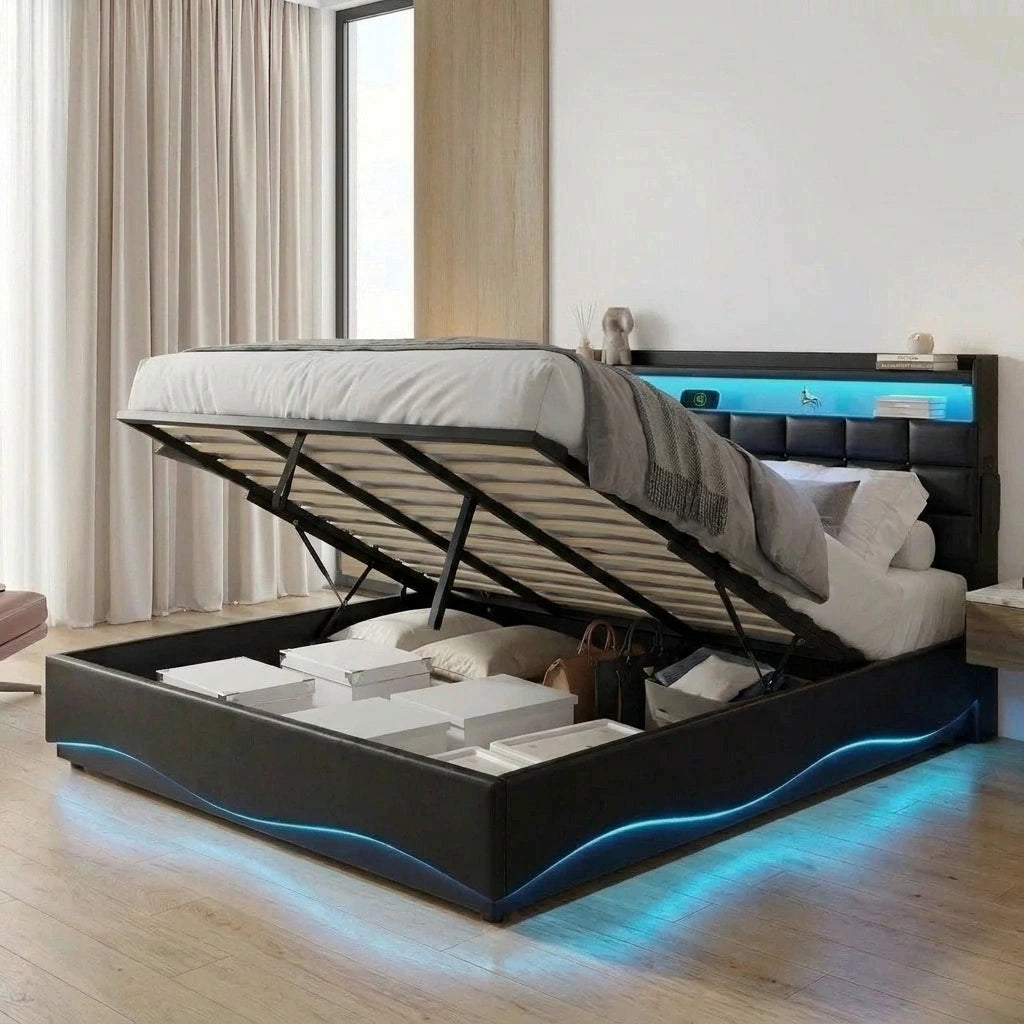 Nero LED Gas Lift Storage Bed with USB Charging | PU Leather Black LED Lights Bed Frame Dual Storage