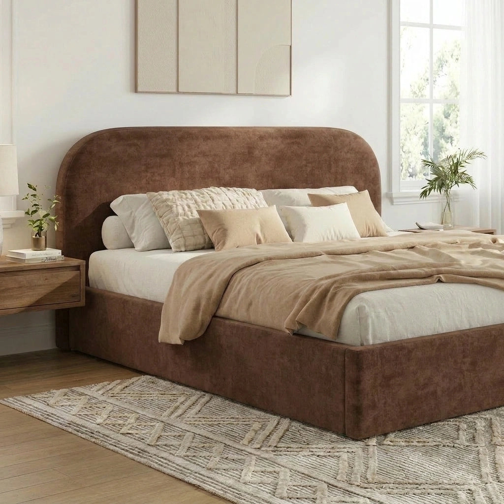Brown Cloud Marshmallow Velvet Touch Gas Lift Bed | Soft Padded Arched Fabric Storage Bed Frame