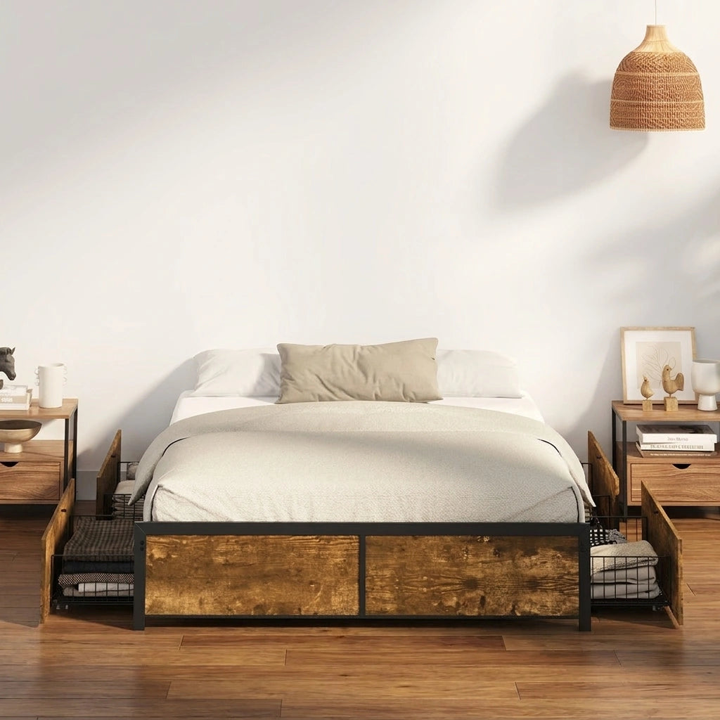 Fortus Industrial Style Metal Frame Platform Bed Base | Storage Draws Bed Base No Headboard