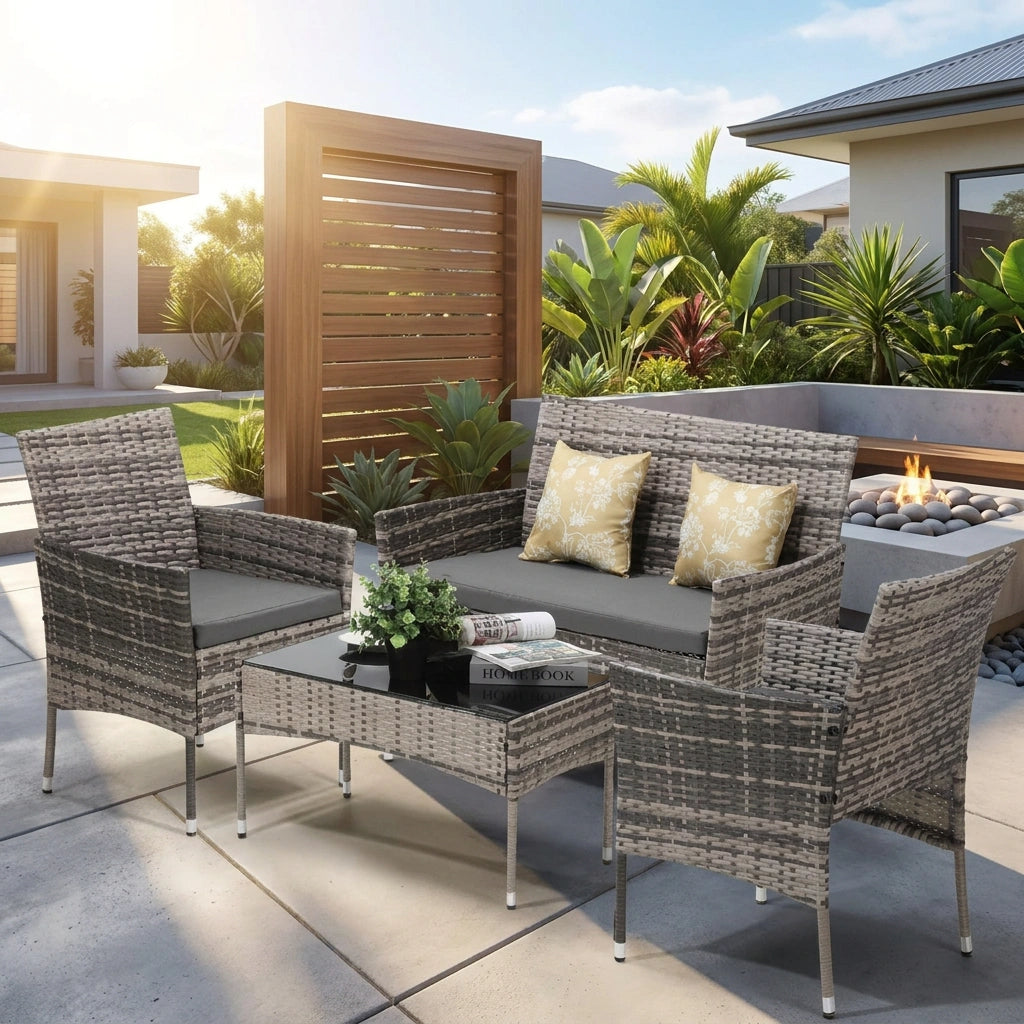 Terraza Premium Wicker Rattan 4pc Outdoor Furniture Set | 4 Piece Outdoor Lounge and Table Patio Set