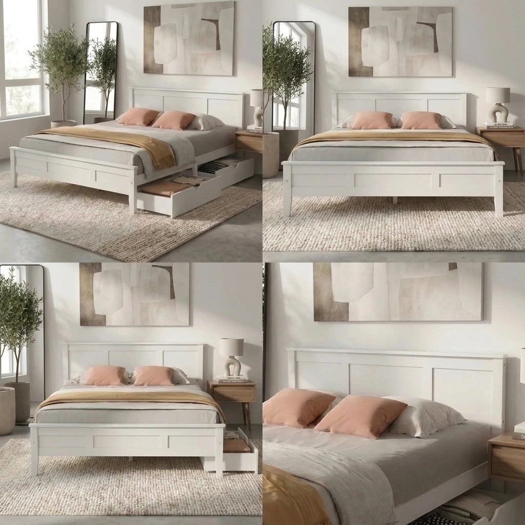 Aria Hampton White Wooden Bed Frame With Dual Drawers | Solid Modern Timber Bed High Quality Frame