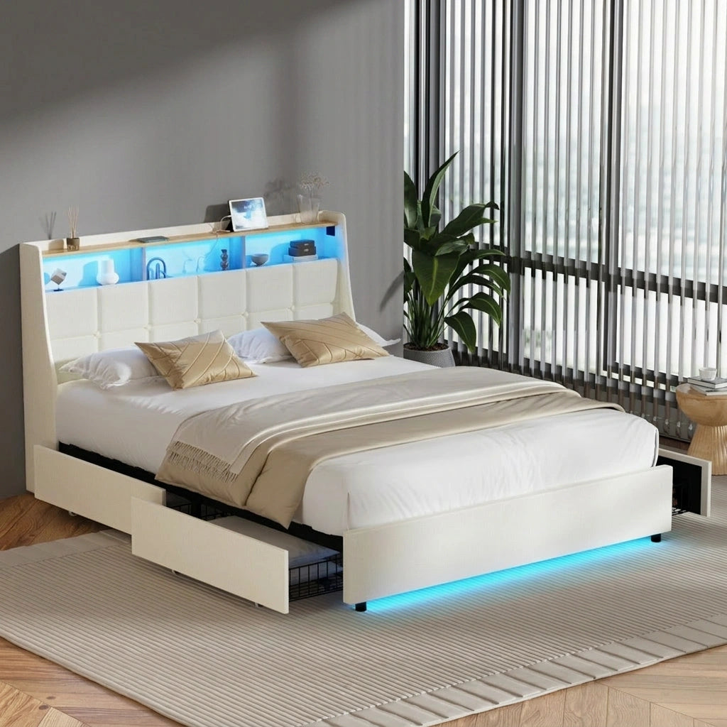 Amaro Beige LED Storage Bed with USB Charging | Fabric Headboard Storage LED Lights Bed Frame