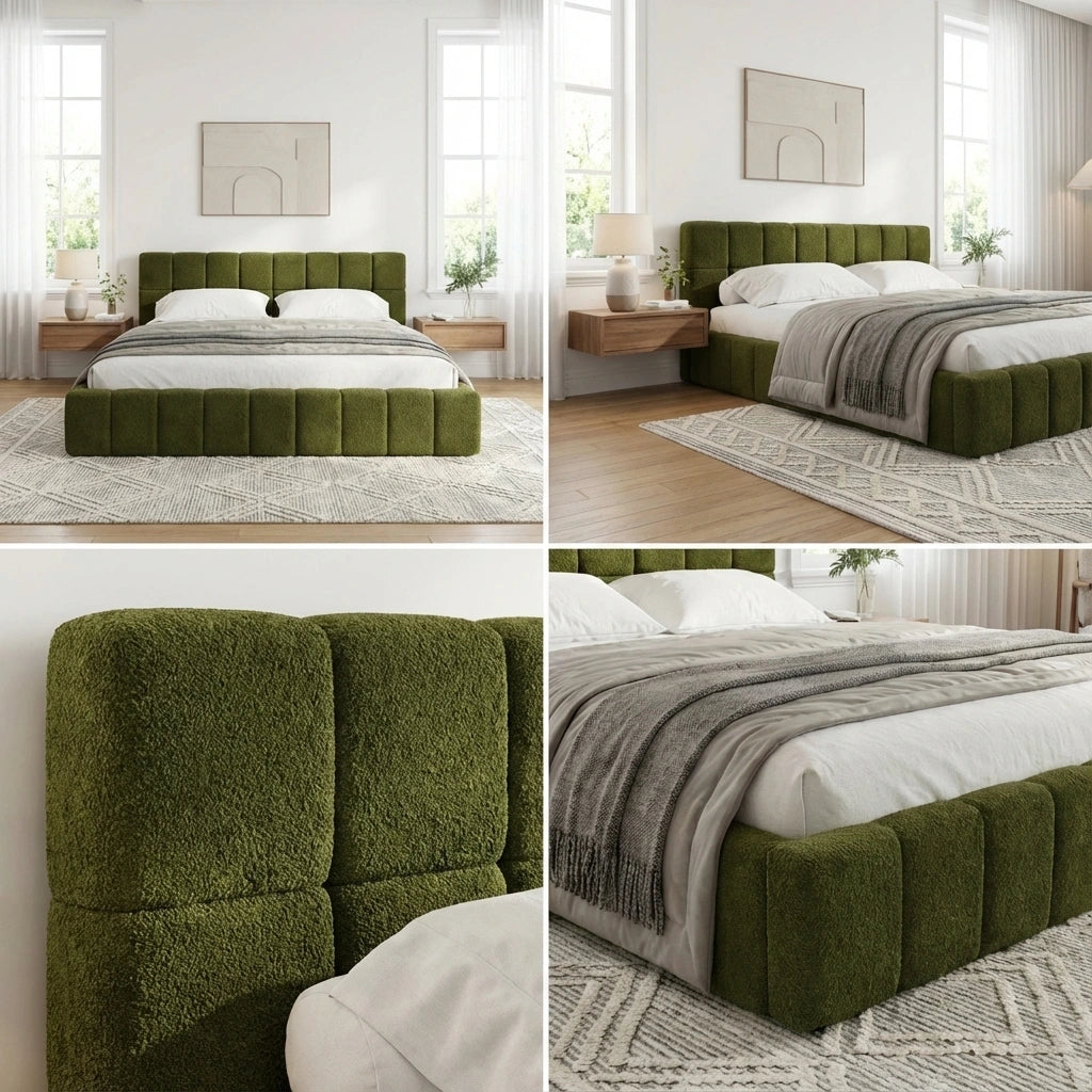 Botelia Green Boucle Low Profile Bed Frame| Luxurious Tufted Premium Fabric Ground Bed