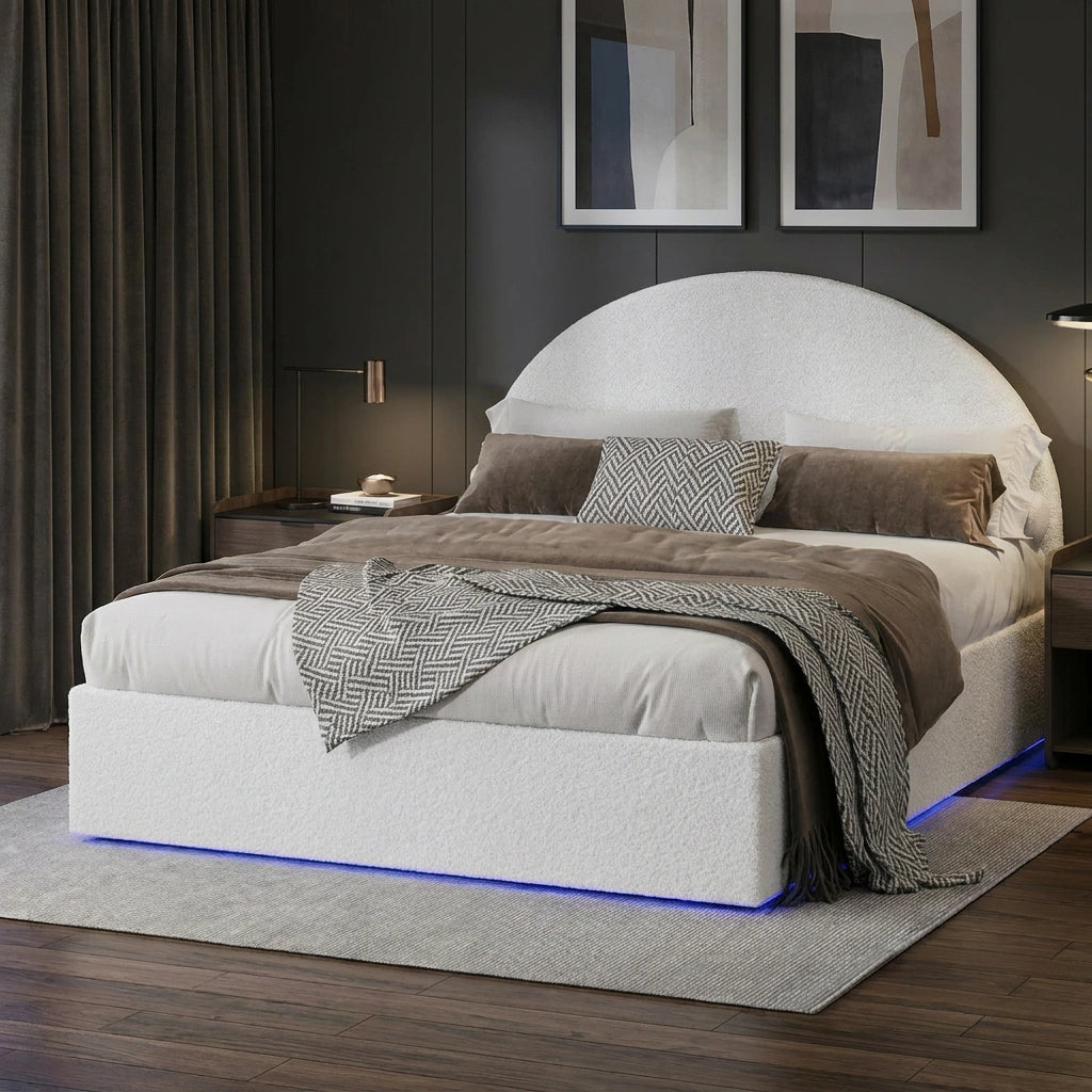 Luna LED White Boucle Gas Lift Storage Bed | Glow Soft Cushioned Arched Boucle Bed Frame