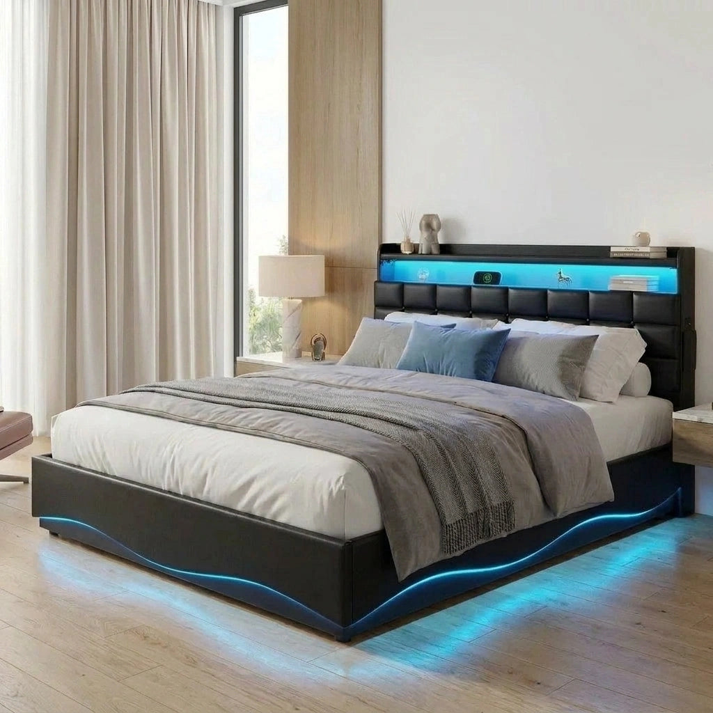 Nero LED Gas Lift Storage Bed with USB Charging | PU Leather Black LED Lights Bed Frame Dual Storage