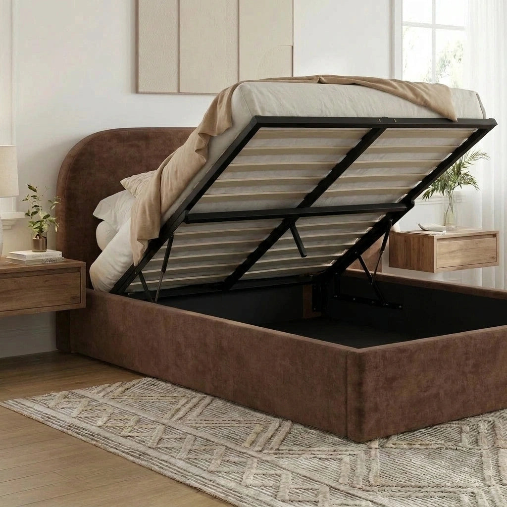 Brown Cloud Marshmallow Velvet Touch Gas Lift Bed | Soft Padded Arched Fabric Storage Bed Frame
