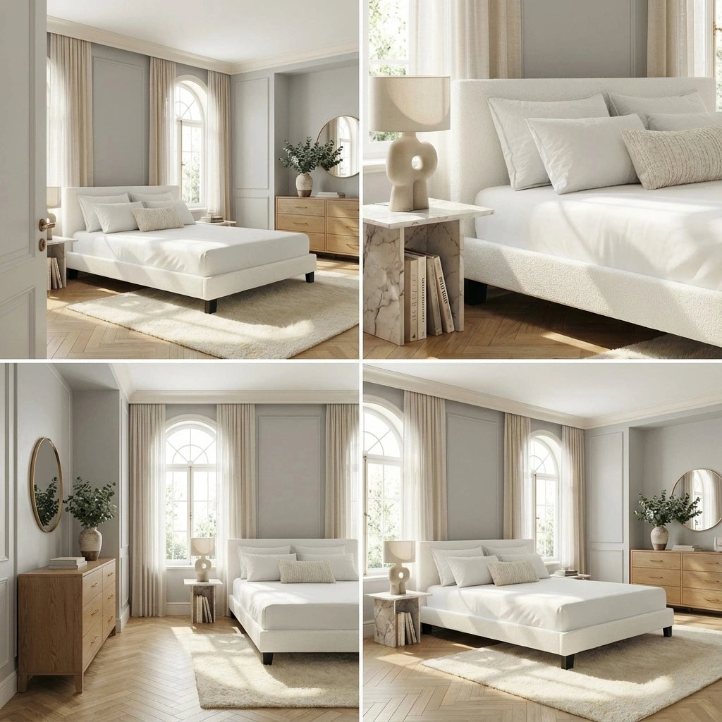 Teddy Soft Boucle Fabric White Bed | Modern Cushioned Touch White Upholstered Boucle Bed Frame