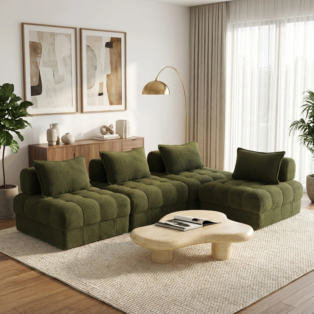 Amorio Verde Modular Sofa Lounge Set | Adjustable Armless Boucle Green Fabric Sofa Modular Lounge