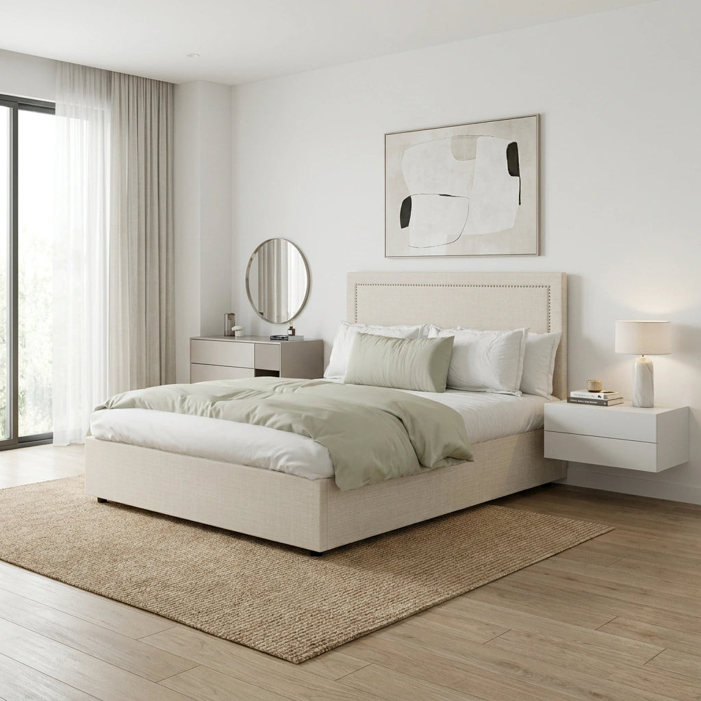 Scandi Luxe Linen Fabric Stud Trim Gas Lift Storage Bed | Premium Upholstered Storage Combo Bed Frame