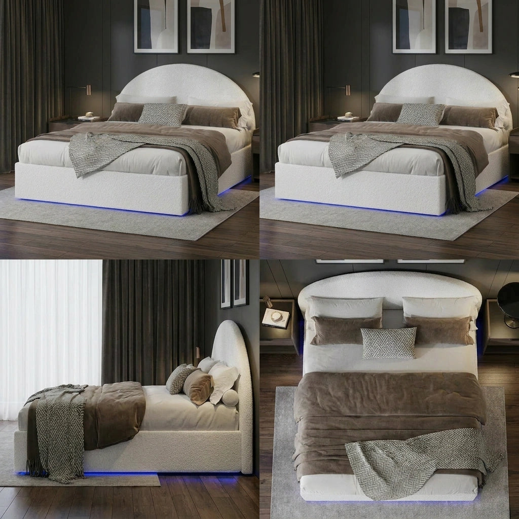 Luna LED White Boucle Gas Lift Storage Bed | Glow Soft Cushioned Arched Boucle Bed Frame