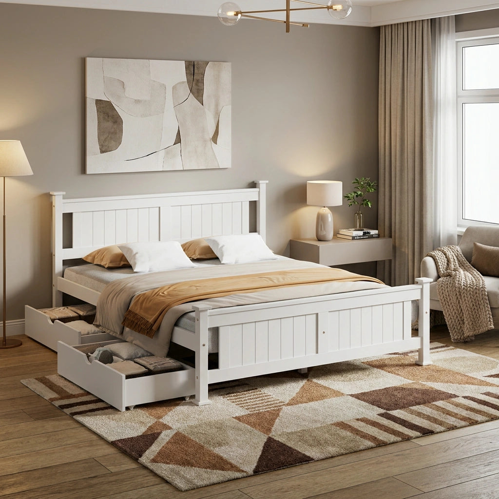 Mila Cottage White Wooden Bed Frame with Storage Draws | Solid Modern Timber Frame with Space Storage Draws