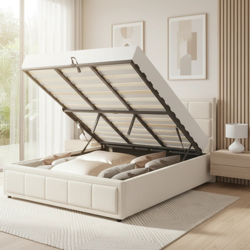 Teddy Milo Boucle Fabric Deluxe Gas Lift Storage Bed Frame | Embossed Fabric Gas Lift Modern Bed