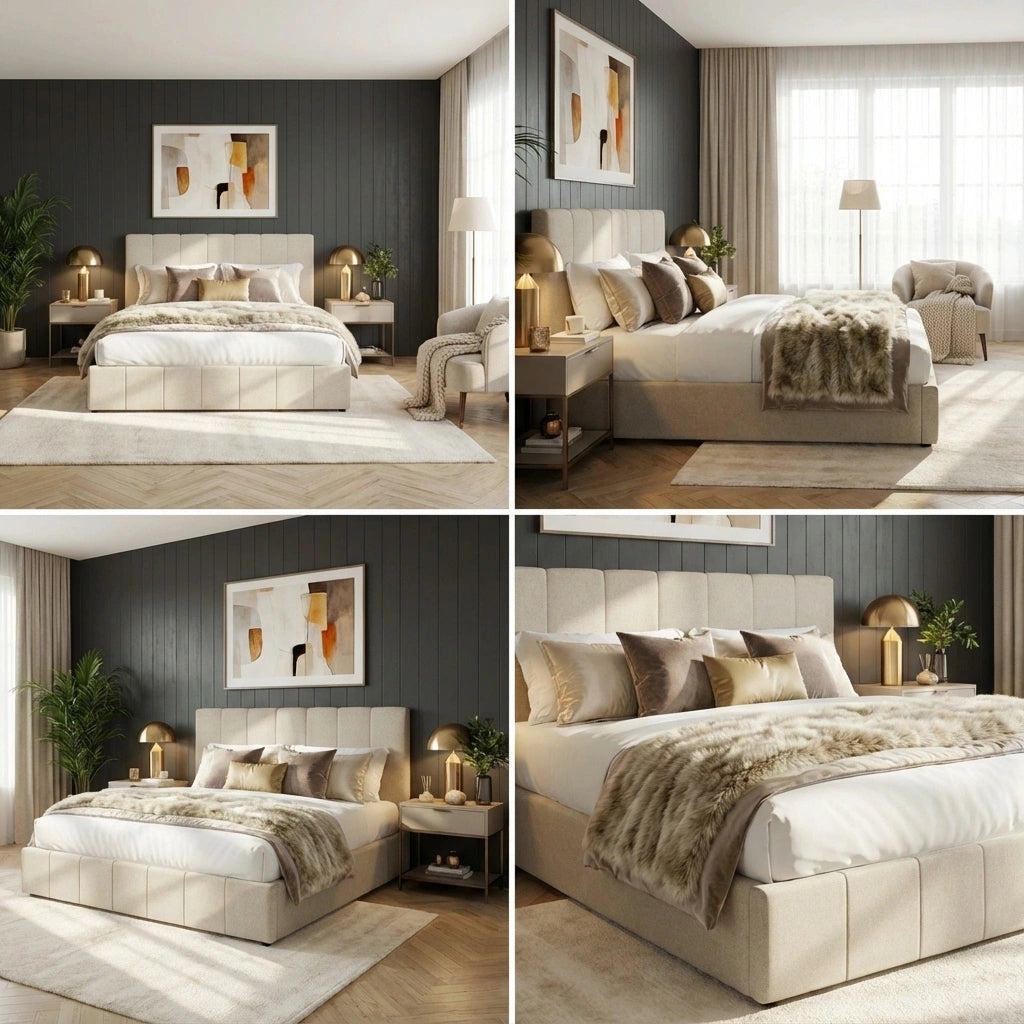 Premium Milano Beige Soft Fabric Gas Lift Storage Bed | Two In One Bed and Storage Combo Bed Frame