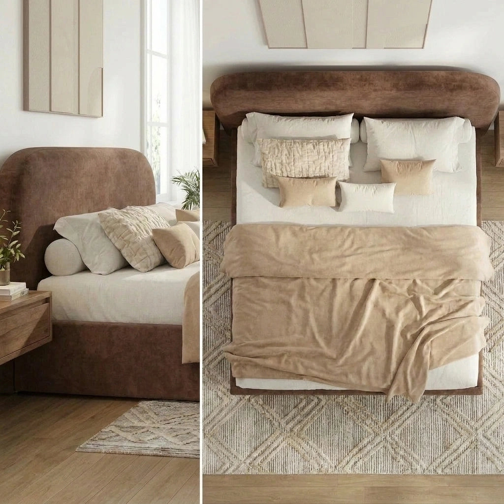 Brown Cloud Marshmallow Velvet Touch Gas Lift Bed | Soft Padded Arched Fabric Storage Bed Frame