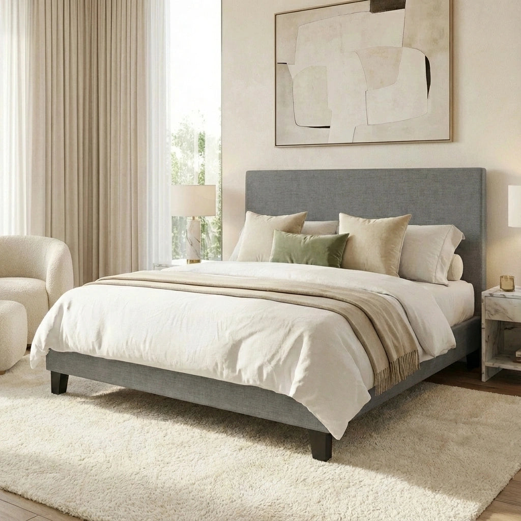 Areno Premium Fabric Slimline Modern Bed | Modern Cushioned Touch Grey Upholstered Bed Frame